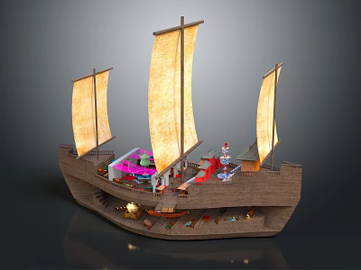 Wooden Sailing Ship with Three Sails Colorful Interior and Warm Lighting for Decorative 3d model