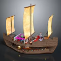 Wooden Sailing Ship with Three Sails Colorful Interior and Warm Lighting for Decorative