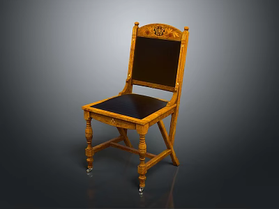 Classic Wooden Chair With Carved Backrest Black Seat Cushion And Turned Legs 3d model