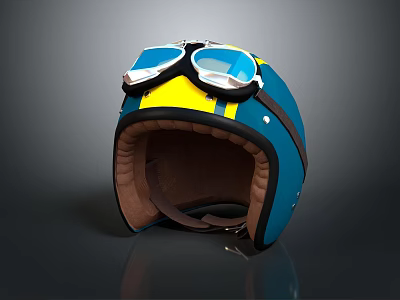 Vintage Style Motorcycle Helmet With Blue Yellow Design And Brown Padding 3d model