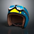 Vintage Style Motorcycle Helmet With Blue Yellow Design And Brown Padding