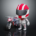 Cute Red And White Striped Cartoon Character With Motorcycle Model Ornament Decoration Set