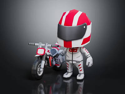 Cute Red And White Striped Cartoon Character With Motorcycle Model Ornament Decoration Set 3d model
