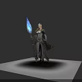 Cloaked Female Warrior in Armor Holding Blue Glowing Spear Against Dark Background
