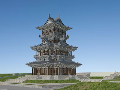 Traditional Ancient Chinese Tower Architecture With Multi Story Structure Overhanging Eaves And Stone Steps 3d model