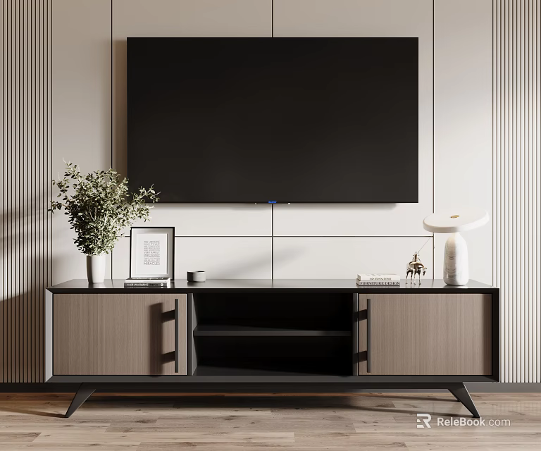 Modern TV Stand With TV Potted Plant Picture Frame And Table Lamp 3d model 