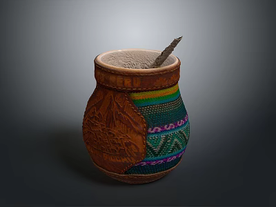 Handcrafted Decorative Cup With Colorful Woven Patterns And Leather Accents And Straw 3d model