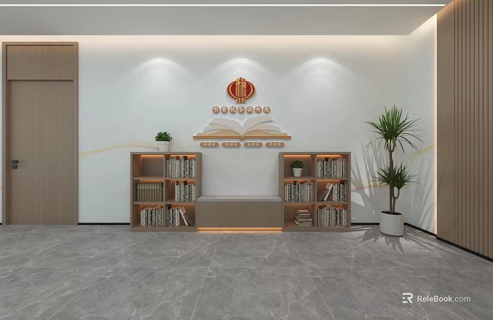 Elevator Lobby With Bookshelves Bench Potted Plant Marble Floor And Wall Decor 3d model 