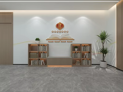 Elevator Lobby With Bookshelves Bench Potted Plant Marble Floor And Wall Decor 3d model