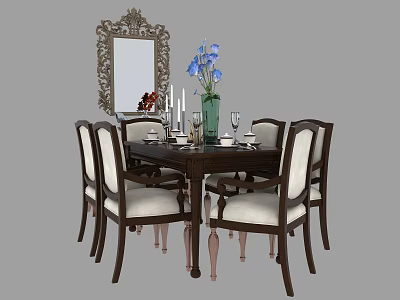 Elegant Dining Table Set With Upholstered Chairs Green Vase And Ornate Mirror 3d model