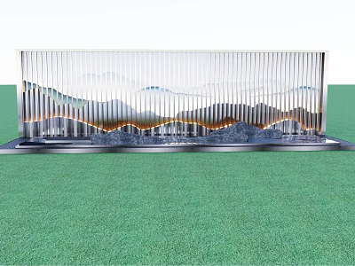 Modern Decorative Water Feature with Vertical Slats and Mountain Pattern on Green Grass Background 3d model