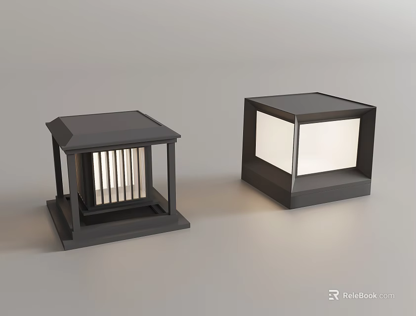 Modern Black Square Outdoor Lanterns With Grille And Lighted Panel Design 3d model