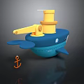 Toy Water Vehicle With Blue Body Yellow Top Structure And Orange Anchor