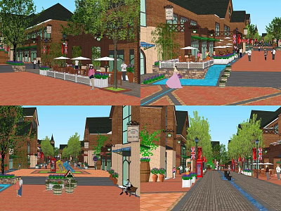 Vibrant Commercial Street With Brick Buildings Shops Pedestrians Greenery And Fountains 3d model