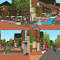 Vibrant Commercial Street With Brick Buildings Shops Pedestrians Greenery And Fountains