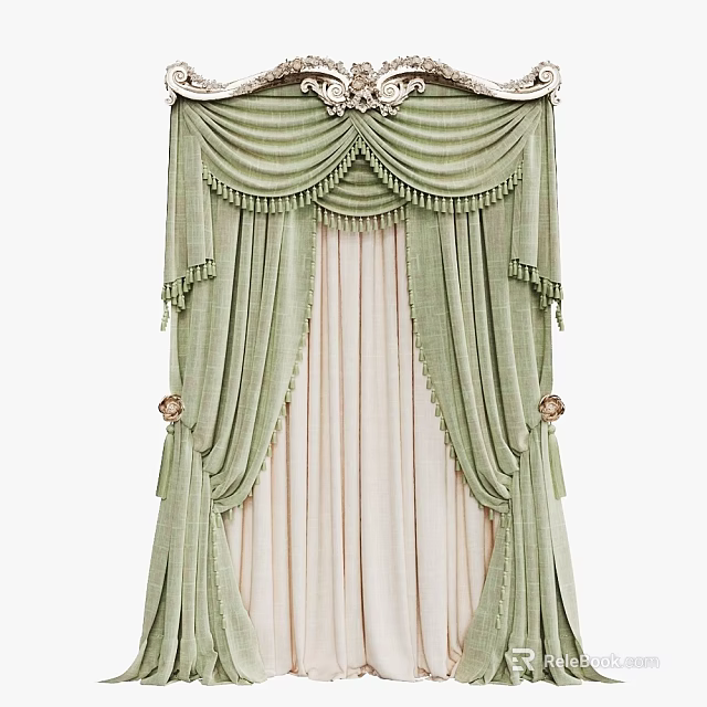 Green Pleated Curtains With Tassel Decorations Ornate Top Carving Light Inner Sheer Panel 3d model 