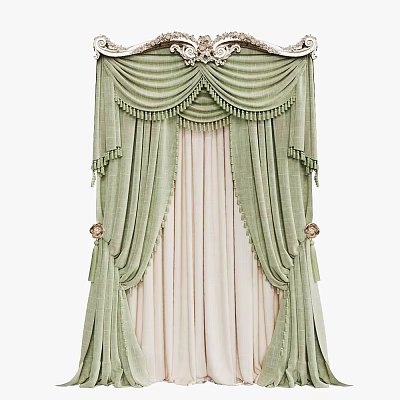 Green Pleated Curtains With Tassel Decorations Ornate Top Carving Light Inner Sheer Panel 3d model