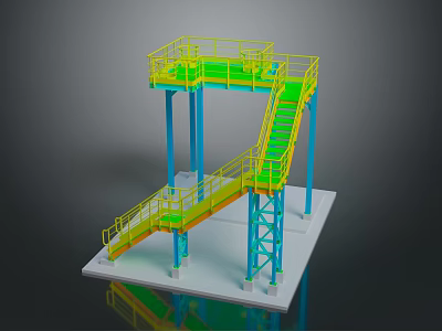 Industrial Steel Structure Stairs With Yellow Green Railings And Blue Support Platform 3d model
