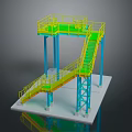 Industrial Steel Structure Stairs With Yellow Green Railings And Blue Support Platform