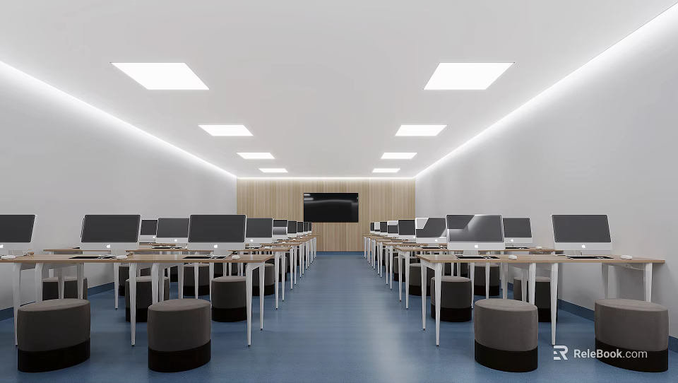 Modern Conference Room Interior With Long Tables Computers Stools And Blue Flooring 3d model