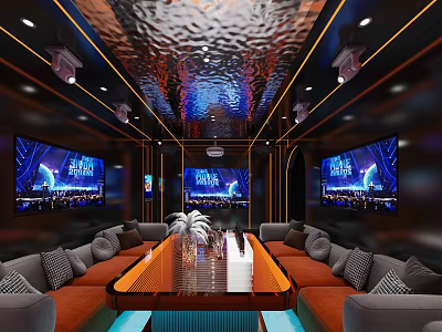 Modern Luxury KTV Interior Design With Multiple Screens Comfortable Sofas And Glass Coffee Table 3d model