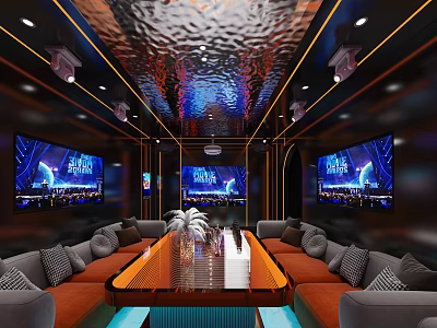 Modern Luxury KTV Interior Design With Multiple Screens Comfortable Sofas And Glass Coffee Table 3d model