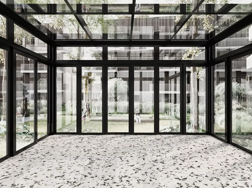 Glass Enclosed Sunroom With Patterned Floor And Outdoor View 3d model 