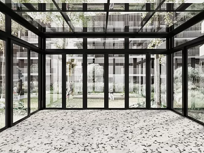 Glass Enclosed Sunroom With Patterned Floor And Outdoor View 3d model