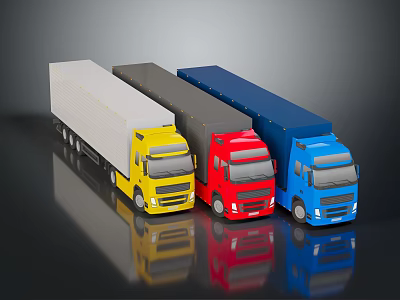 Colorful Cargo Trucks Yellow Red Blue Parked Together With Trailers On Reflective Surface 3d model