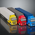 Colorful Cargo Trucks Yellow Red Blue Parked Together With Trailers On Reflective Surface