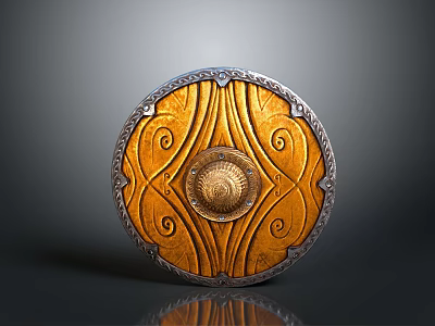 Ornate Round Shield With Golden Brown Surface And Silver Edged Spiral Center Design 3d model