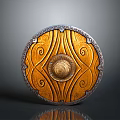 Ornate Round Shield With Golden Brown Surface And Silver Edged Spiral Center Design