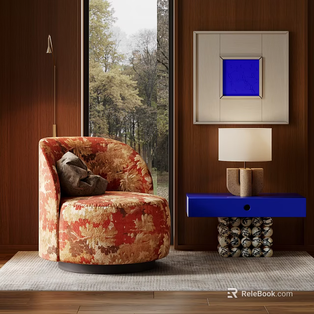 Red Brown Floral Patterned Accent Chair With Blue Side Table And Forest View 3d model