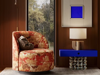 Red Brown Floral Patterned Accent Chair With Blue Side Table And Forest View 3d model