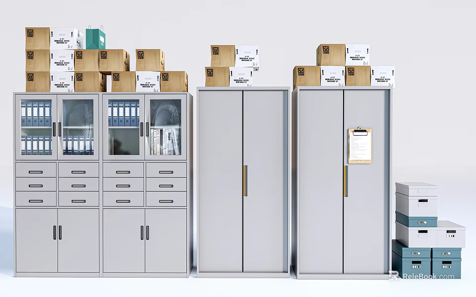 Gray Storage Cabinet with Drawers Doors and Top Stacked Cartons for Office File Storage 3d model 