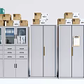 Gray Storage Cabinet with Drawers Doors and Top Stacked Cartons for Office File Storage