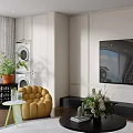 Modern Living Dining Room With Blue Sofa Yellow Chair Round Rug And Large Windows