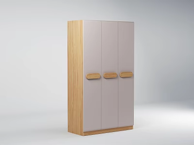 Modern Minimalist Three Door Wardrobe with Light Colored Panels and Natural Wood Handles 3d model