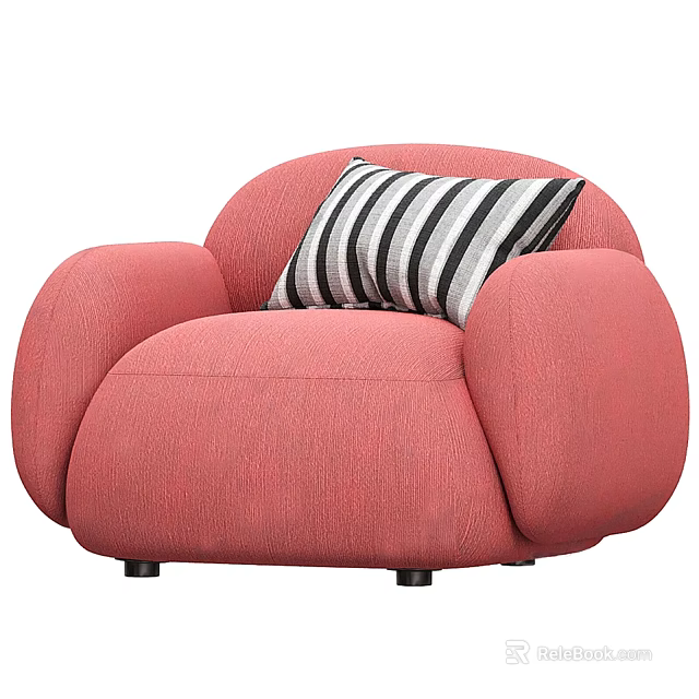 Pink Single Sofa with Rounded Armrests and Curved Design and Black White Striped Pillow 3d model 