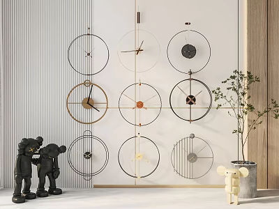 Modern Wall Mounted Circular Clocks With Metal Frames And Decorative Figurines Near Potted Plant 3d model