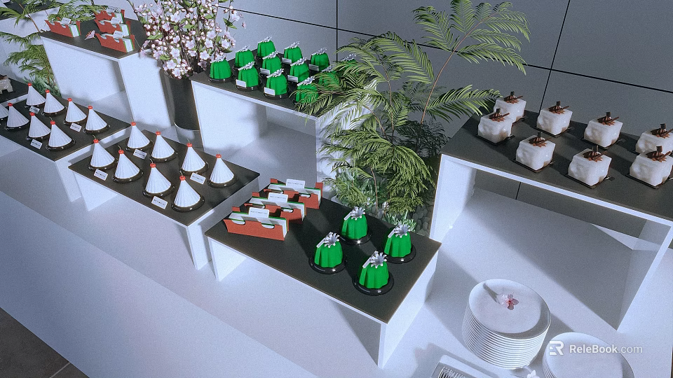 Modern Dessert Display With Green Confections White Cone Treats And Green Plants On Shelves 3d model 
