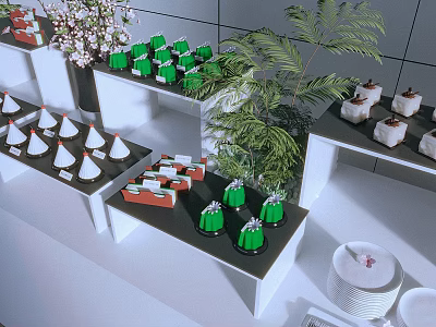 Modern Dessert Display With Green Confections White Cone Treats And Green Plants On Shelves 3d model