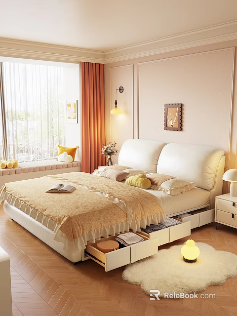 Cream White Soft Upholstered Double Bed With Spacious Underbed Storage Drawers For Cozy Bright Bedroom 3d model 