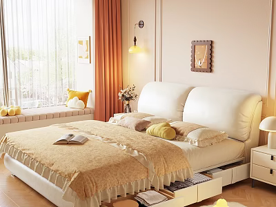 Cream White Soft Upholstered Double Bed With Spacious Underbed Storage Drawers For Cozy Bright Bedroom 3d model