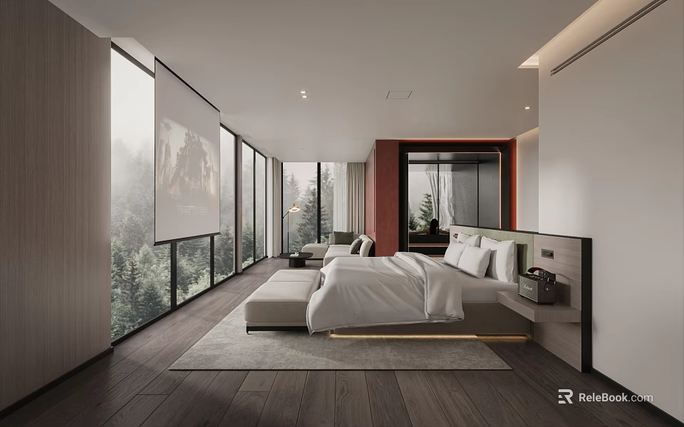 Hotel Guest Room with Modern Interior Large Windows Forest View and White Bedding 3d model 