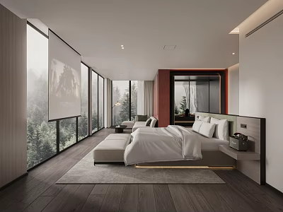 Hotel Guest Room with Modern Interior Large Windows Forest View and White Bedding 3d model