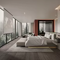 Hotel Guest Room with Modern Interior Large Windows Forest View and White Bedding