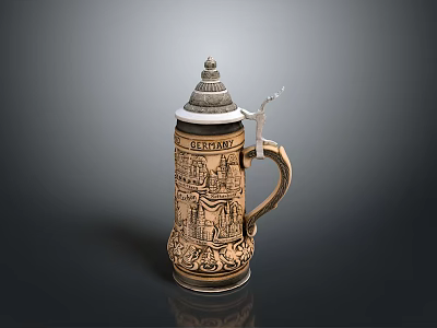 Traditional Ceramic German Beer Stein With Carved Scenery Patterns Lid And Handle For Daily Use 3d model
