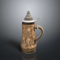 Traditional Ceramic German Beer Stein With Carved Scenery Patterns Lid And Handle For Daily Use