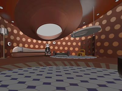 Unique Interior With Brown Polka Dot Walls Circular Ceiling Skylight And Hexagonal Tiles 3d model
